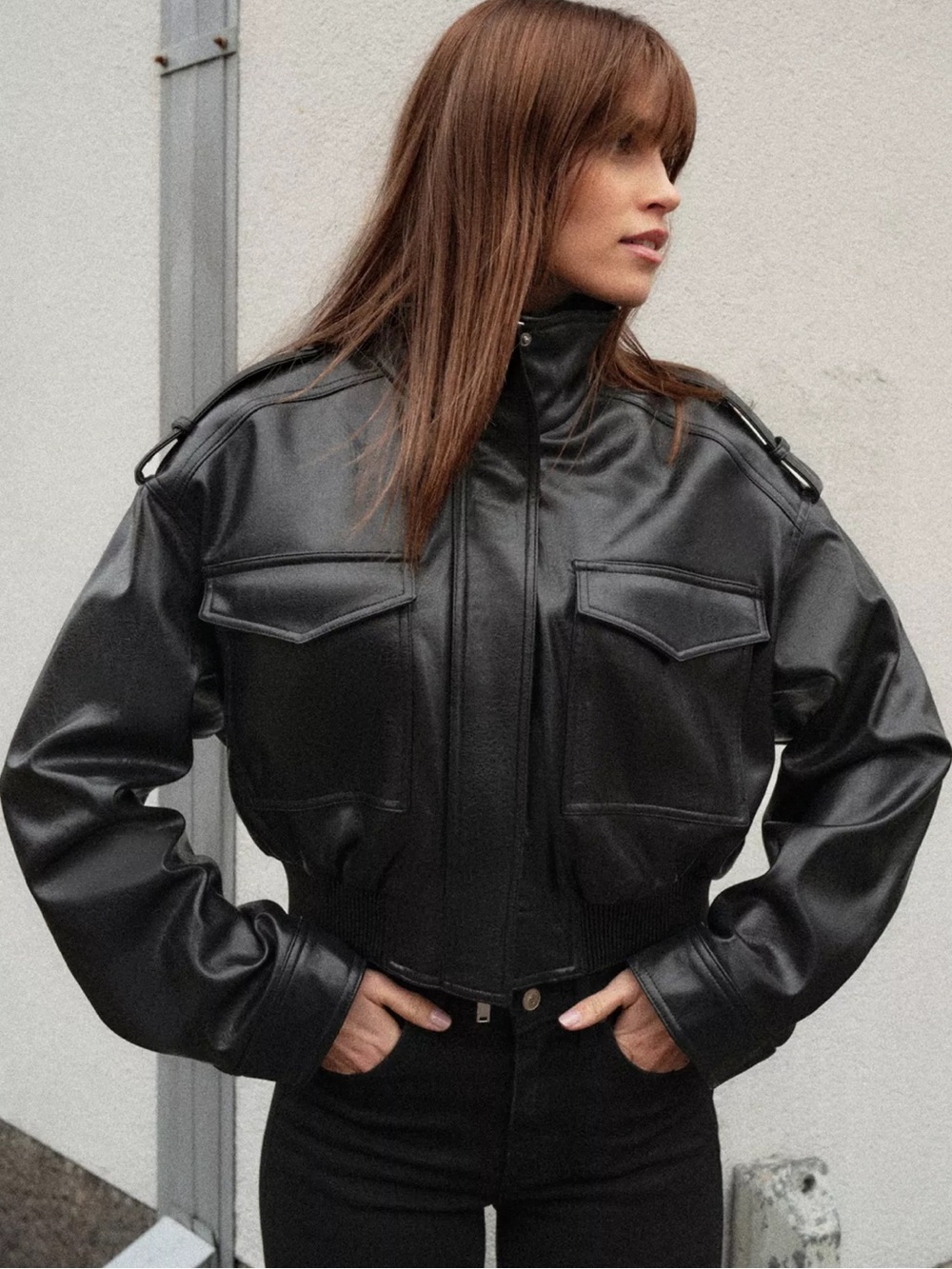 Black Faux Leather Cropped bomber Jacket - Women